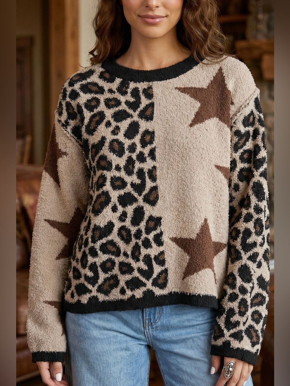 Leopard Star Pattern Round Neck Long Sleeve Shift Sweater - Picture 7 of 15